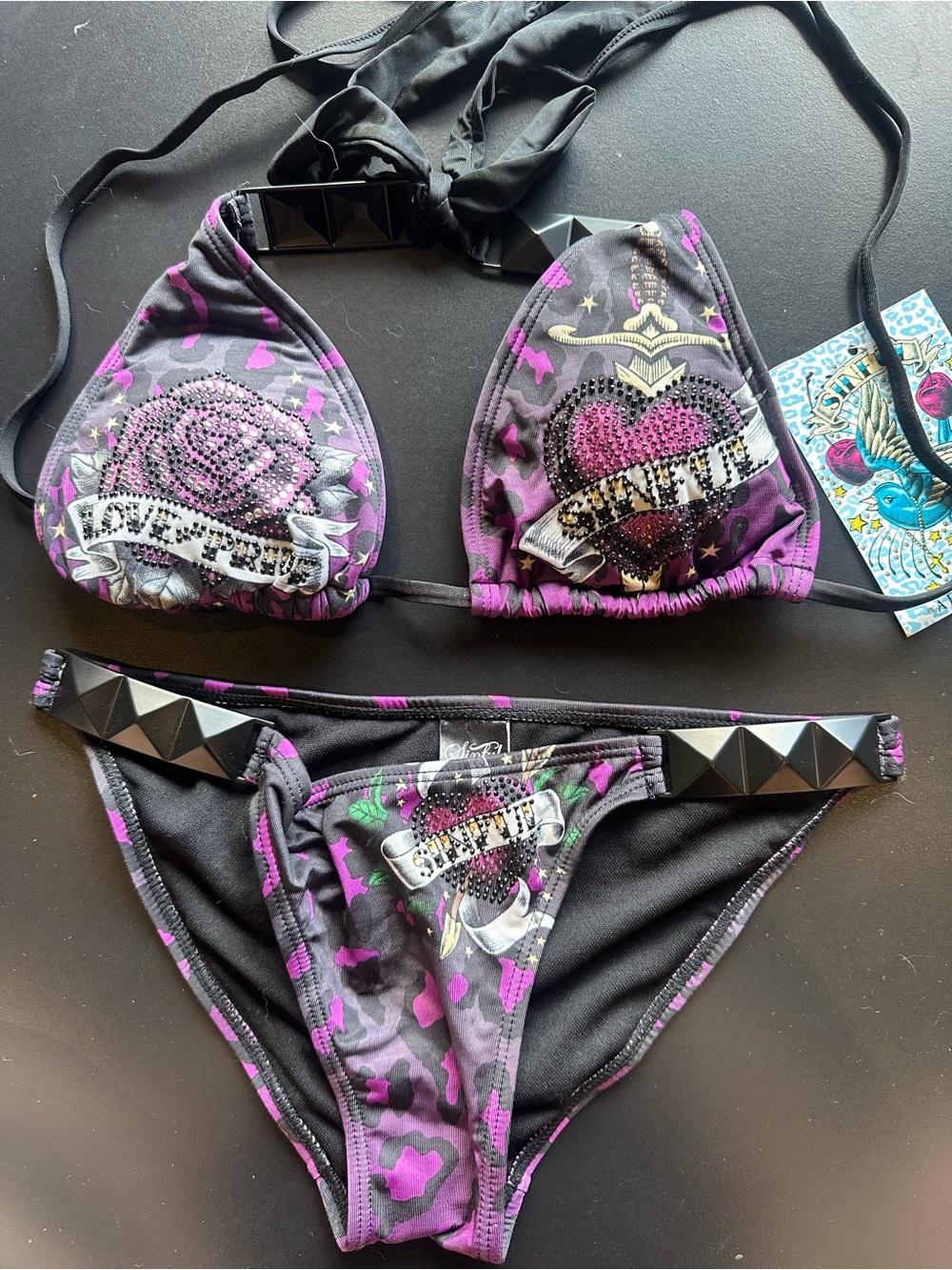 Sinful Purple & Black Embellished Bikini Top with Heart Motif
